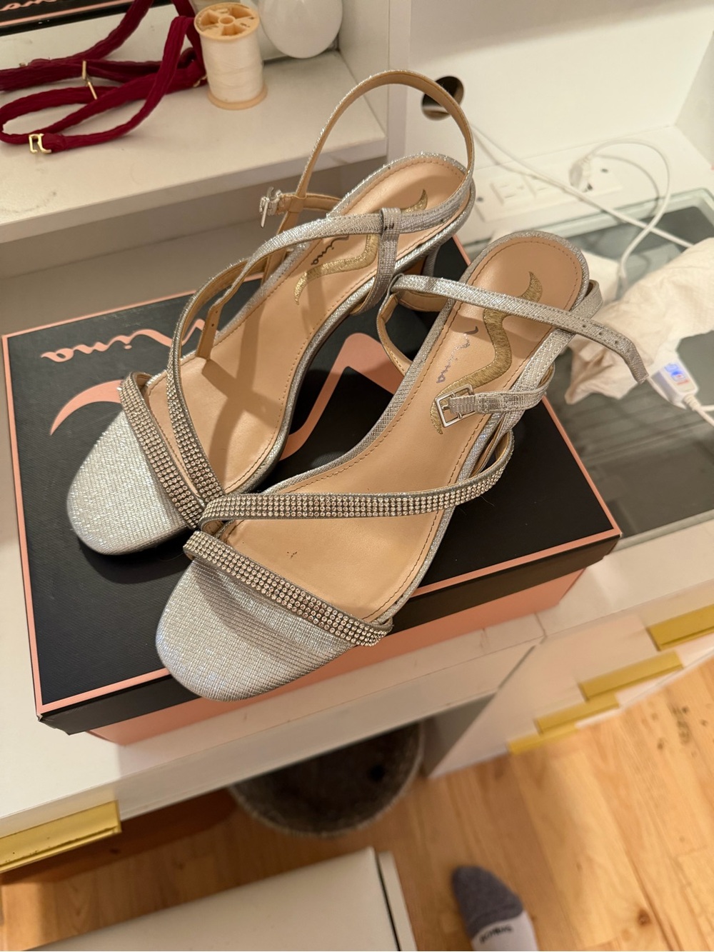 Vince Camuto Silver Crystal-Strap Evening Sandals